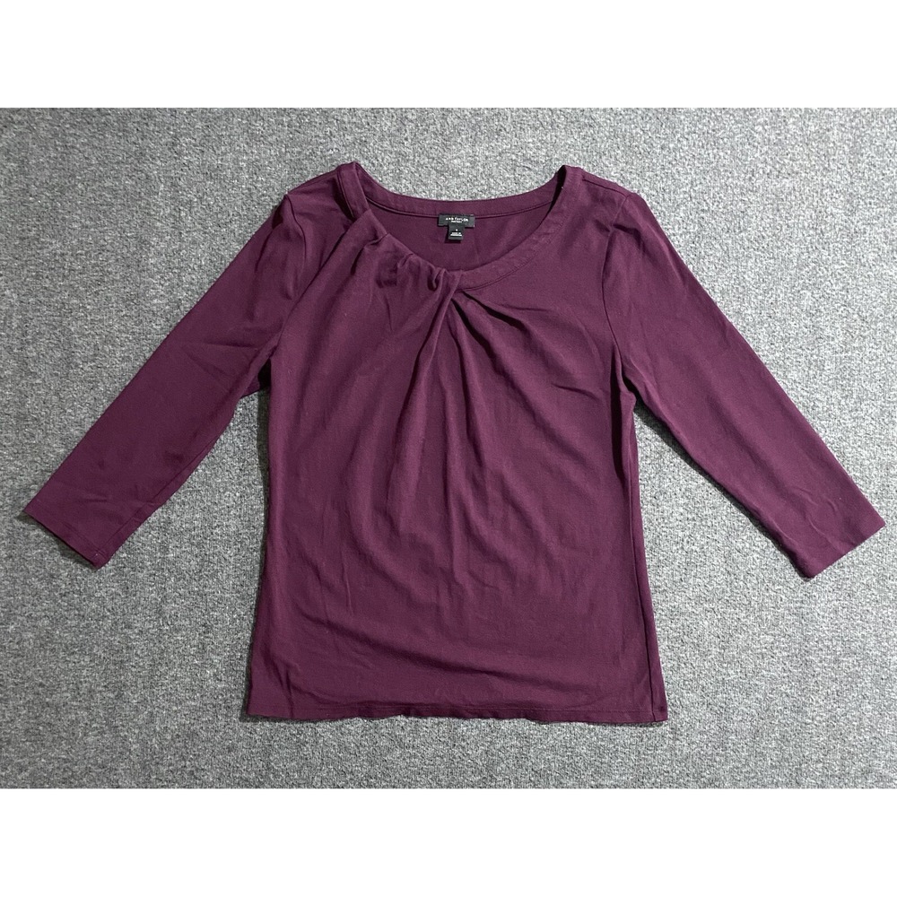 Ann Taylor Blouse Womens Purple Scoop Neck Crepe 3/4 Sleeve Pin tuck Size S